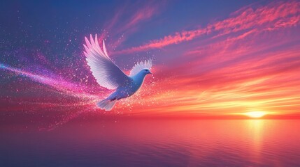 Fototapeta premium White dove flying over ocean at vibrant sunset with pink and purple skies, creating a magical and serene atmosphere. Peace and freedom concept