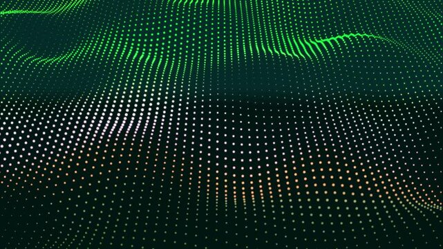 Abstract blue background wave white and green dot particles form. Technology futuristic digital flow seamless looping