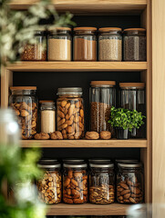 Organized kitchen shelves with jars of various ingredients