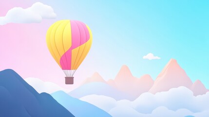 Fototapeta premium Pastel Hot Air Balloon Over Dreamy Mountains: A Whimsical Landscape