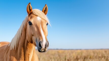 Fototapeta premium Palomino horse portrait, field, clear sky, autumn