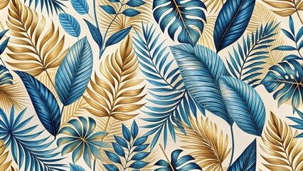 Tropical leaves on light background in wallpaper style with blue and gold hues , textile design