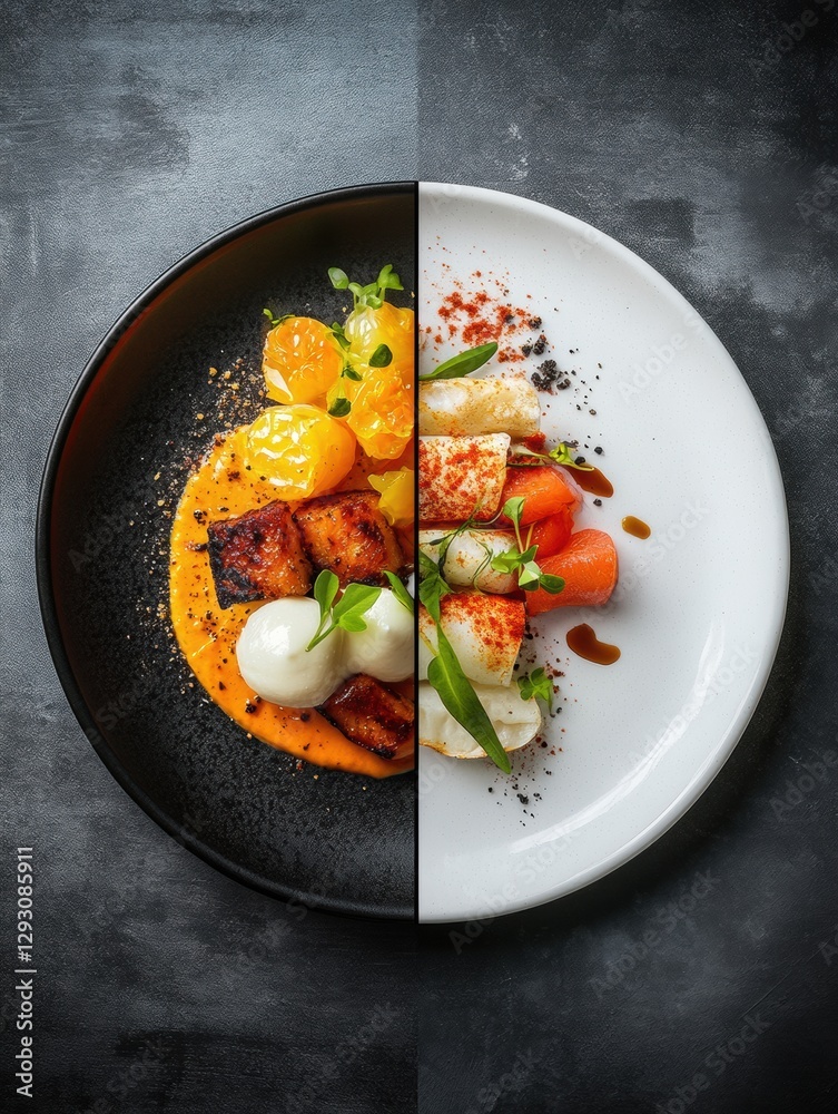 Poster culinary art showcasing vibrant dishes with contrasting colors and textures on a divided plate. gene