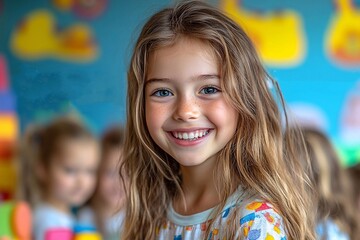 "A preschooler sits at a small table learning to write letters with colorful pencils, while the teacher offers help. The classroom is filled with educational toys and art supplies."

