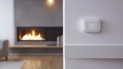 Carbon monoxide detector placed near a gas fireplace in a modern living room. Featuring protection and awareness