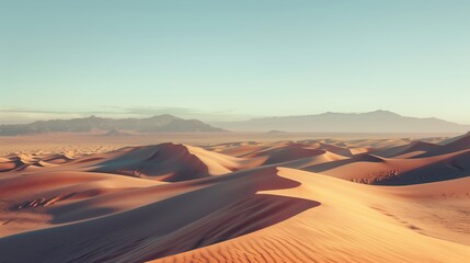 Naklejka premium A rolling desert landscape with soft sand dunes, a clear sky, and distant mountains on the horizon.