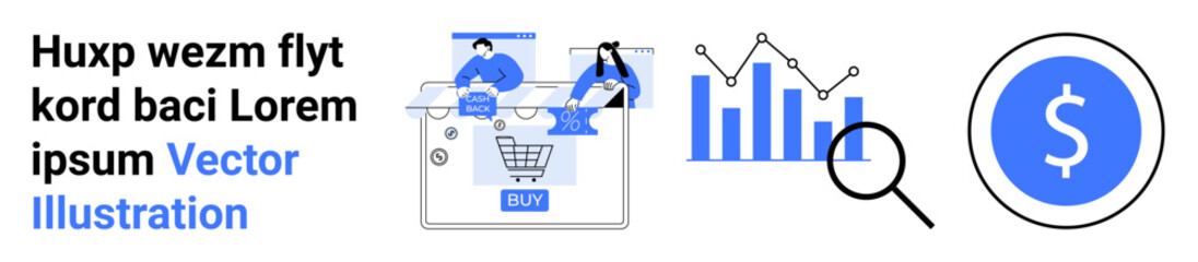 Obraz premium Shopping cart with BUY, person clicking on a screen, bar graph with magnifying glass, dollar sign. Ideal for online retail, data analysis, financial research, business strategy, market research