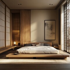 A minimalist modern Japanese bedroom with a wooden bed