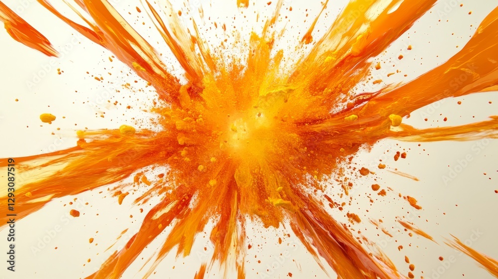 Poster explosion of vibrant orange and yellow paint splashes on white background, dynamic abstract art. cre