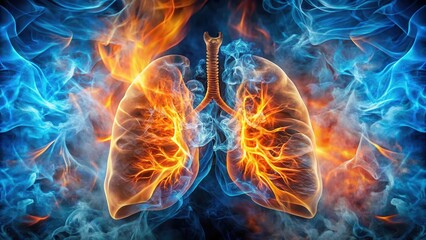 Fiery lungs surrounded by orange flames and blue smoke clouds, with tendrils of flame curling around the edges, as if being consumed by an inner blaze , inferno, blue smoke