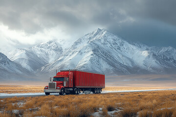 Naklejka premium Red Truck Ascending Mountain Pass on a Frosty Autumn Day