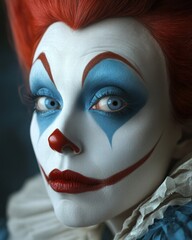 A mesmerizing clown headshot showcasing striking makeup, vivid colors, and an intense gaze that captivates the viewer.