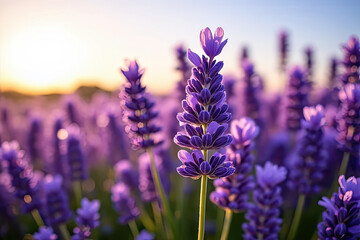 Fototapeta premium Vibrant Lavender Field Blooming Under Golden Sunset Light with Soft Focus and a Serene Summer Atmosphere Creating a Dreamy and Picturesque Floral Landscape