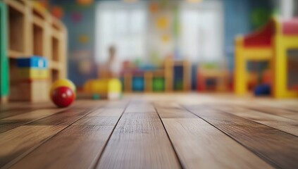 Playroom floor, wooden toys blurred background