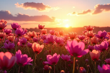 Fototapeta premium Vibrant Wildflower Meadow Blooming Under a Golden Sunset Sky with Soft Light and a Dreamy Summer Ambiance Creating a Serene and Picturesque Floral Landscape