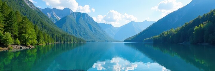 Obraz premium Serene Fontana Lake, Smoky Mountains Azure waters, forested peaks , panorama, trees