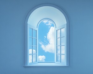 Arched window, blue room, sky view