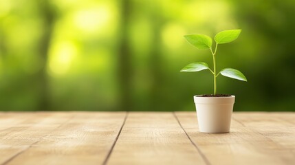 Fototapeta premium A small green plant in a white pot sits on a wooden surface, surrounded by a blurred green background, symbolizing growth and nature.