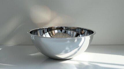 A shiny silver mixing bowl with clean edges, placed on a smooth white surface.