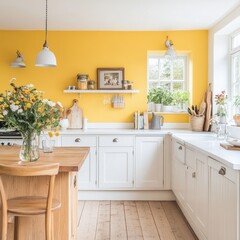 Fototapeta premium Kitchen space with a vivid yellow wall color and cabinets