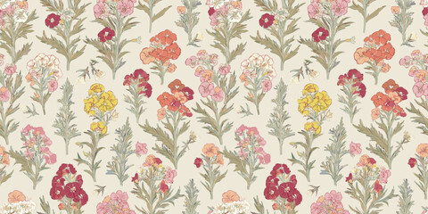 Handmade floral textile pattern with light cream background featuring dense clusters of stylized flowers and foliage in shades of pink, red, orange, and yellow, for gift wrap and wallpaper
