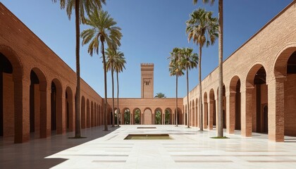 Fototapeta premium Brick courtyard with palm trees and tower under blue sky