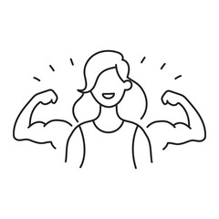 A modern illustration of a powerful woman flexing her muscles, representing empowerment, resilience, and strength. Ideal for women's fitness, motivation, and self-confidence themes.
