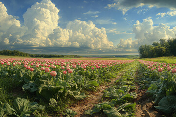 Whispers of Blush, A dreamlike panorama of blossoming fields under a painterly sky