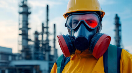 Naklejka premium A worker in safety gear stands against an industrial backdrop, wearing a gas mask and helmet, highlighting safety in hazardous environments.