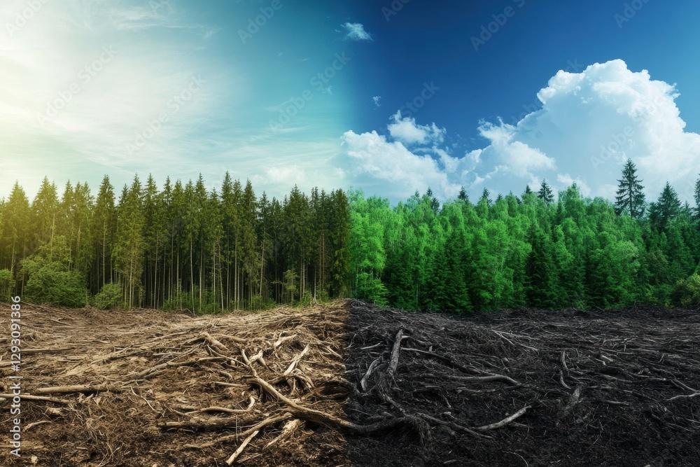 Poster contrast between deforested land with dead trees and thriving green forest highlighting nature conse