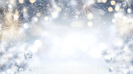 A white and silver glitter background with fireworks in the sky. Abstract New Year's decoration with sparkles, bokeh lights