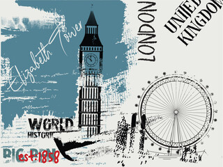 illustration of world historic buildings in  London, hand drawn illustration of Big Ben, Urban  typography art, t shirt graphics print Elizabeth Tower illustration. typography street art graffiti slog