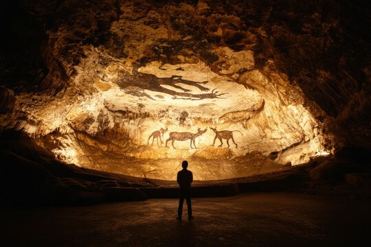 Person viewing ancient cave paintings illuminated in dark cavern