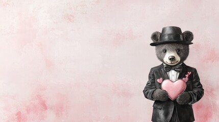 A tuxedo-clad teddy bear holding a pink heart.
