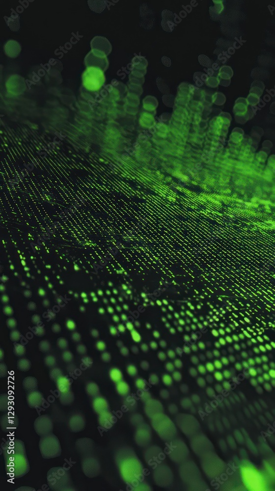 Poster abstract representation of digital data flow with vibrant green dots creating a visually dynamic bac