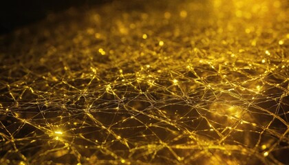 Gleaming Network of Connections: Close-up view of a network of luminous golden threads and nodes, creating an intricate and glowing pattern, symbolizing connectivity, data, and technology.