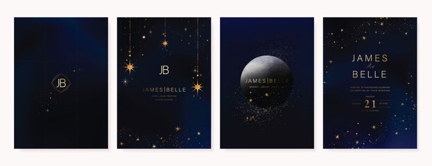 Luxury invitation card design vector set. Elegant wedding card with little star moon sun and space decorative on watercolor navy blue background. Design illustration for cover, poster, gala.