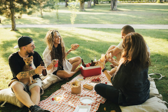Happy people having picnic with hot dogs and cold drinks, sitting on a plaid in a park.