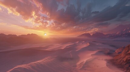 Fototapeta premium A sweeping desert landscape with rolling sand dunes stretching to the horizon under a vibrant sunset sky.