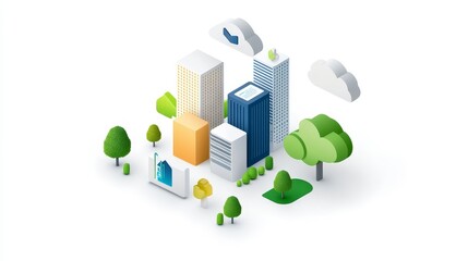 Fototapeta premium Modern Cityscape Illustration with Greenery and Clouds
