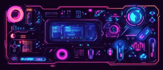 Fototapeta premium A vibrant, futuristic control panel displaying various digital interfaces and glowing elements, set against a dark background with abstract designs
