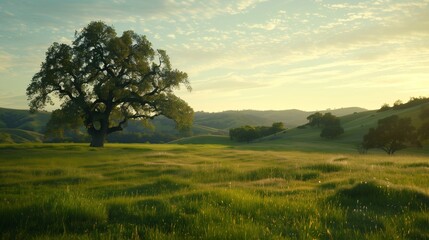 A tranquil green pasture with a lone oak tree in the distance, bathed in warm golden hour light.