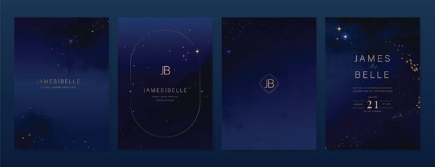 Luxury invitation card design vector set. Elegant wedding card with little star moon sun and space decorative on watercolor navy blue background. Design illustration for cover, poster, gala.