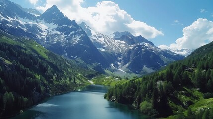 Fototapeta premium A tranquil mountain scene with snow-capped peaks, pristine alpine lakes, and dense evergreen forests.
