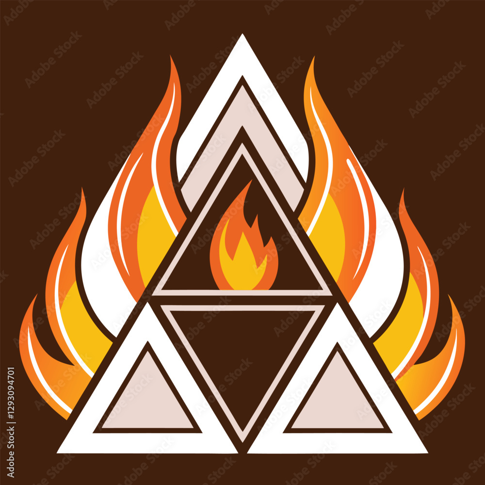 Poster triangles interweave to form a dynamic flame with bold colors and sharp lines, creating visual energ
