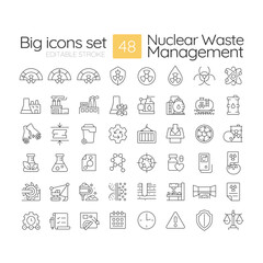 Nuclear waste management linear icons set. Dangerous radioactive materials control. Contamination prevention. Customizable thin line symbols. Isolated vector outline illustrations. Editable stroke