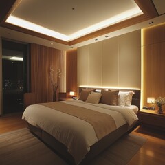 The spacious bedroom features a comfortable bed with elegant lighting