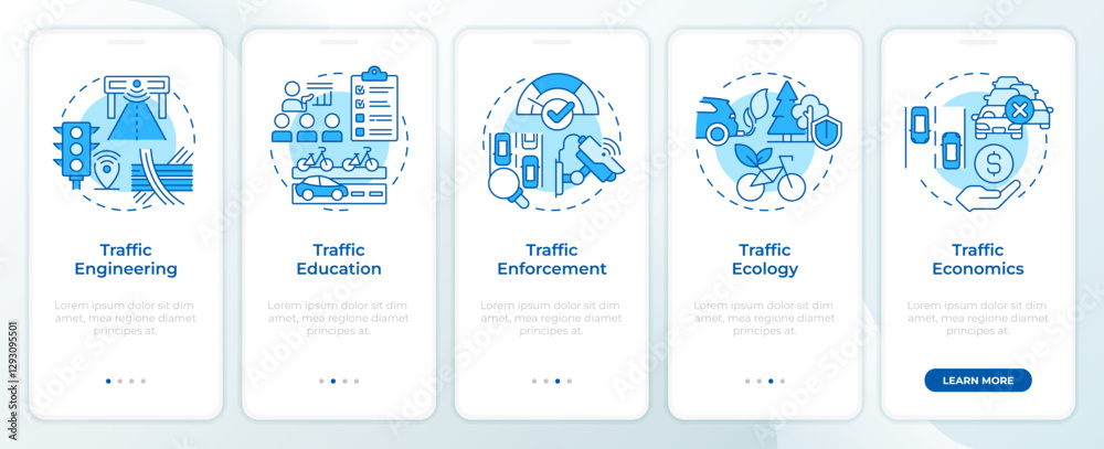 Poster traffic management pillars blue onboarding mobile app screen. walkthrough 5 steps editable graphic i