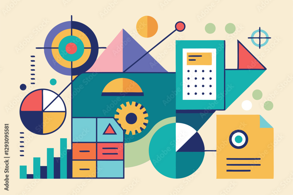 Poster dynamic abstract elements represent precision and analytical thought in a vibrant creative space, us