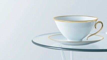 Fototapeta premium A Delicate White Porcelain Tea Cup with a Golden Rim, Exquisitely Crafted for an Elegant Tea Time